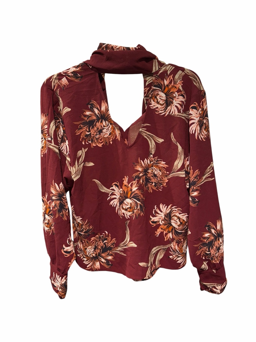 Leith Burgundy Floral Tie Neck Long Sleeve Blouse | Size Small